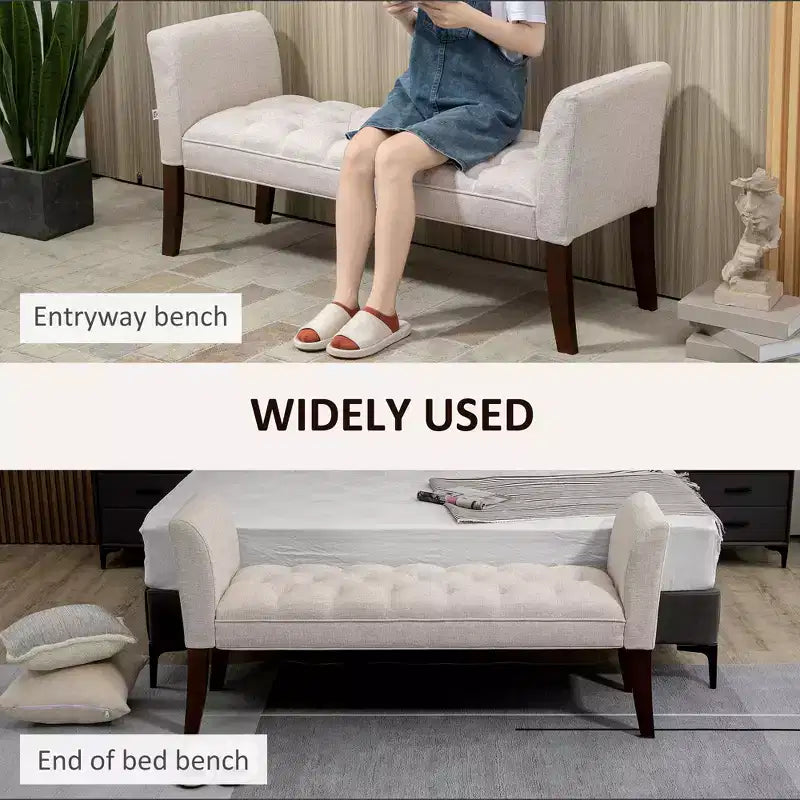 Banc de chambre rembourré avec capitonnage, bout de lit avec accoudoirs et pieds en bois massif