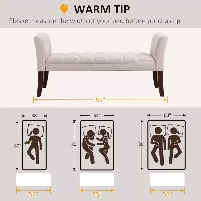 Banc de chambre rembourré avec capitonnage, bout de lit avec accoudoirs et pieds en bois massif