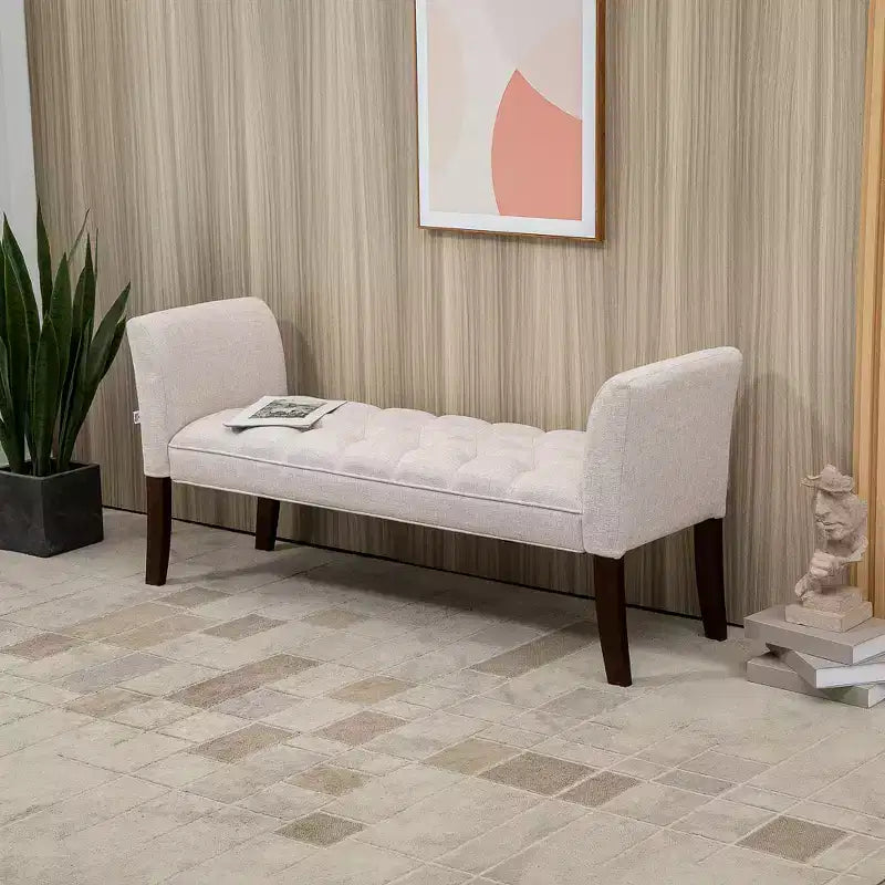 Banc de chambre rembourré avec capitonnage, bout de lit avec accoudoirs et pieds en bois massif