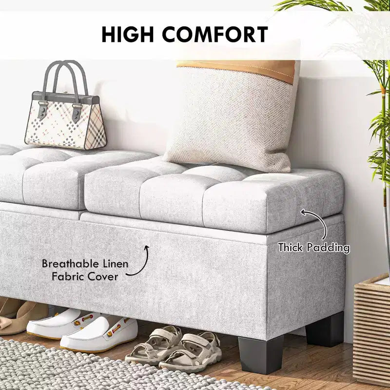 Banc Ottoman de rangement de 117 cm, banc de bout de lit rembourré avec cadre en acier, banc de rangement capitonné avec charnières de sécurité pour salon, entrée