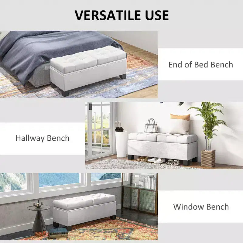Banc Ottoman de rangement de 117 cm, banc de bout de lit rembourré avec cadre en acier, banc de rangement capitonné avec charnières de sécurité pour salon, entrée