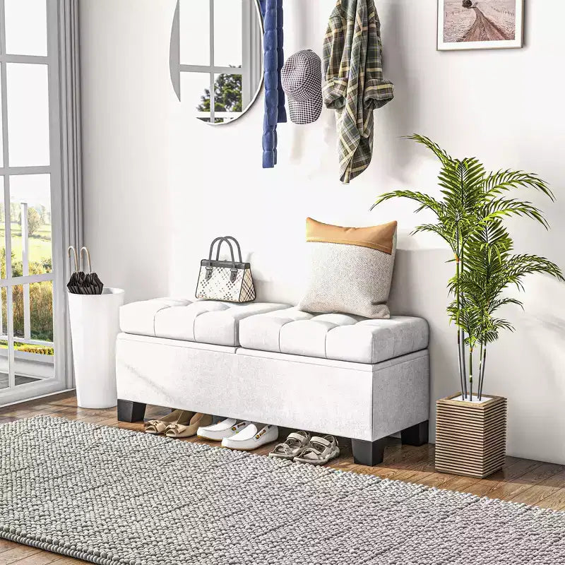 Banc Ottoman de rangement de 117 cm, banc de bout de lit rembourré avec cadre en acier, banc de rangement capitonné avec charnières de sécurité pour salon, entrée