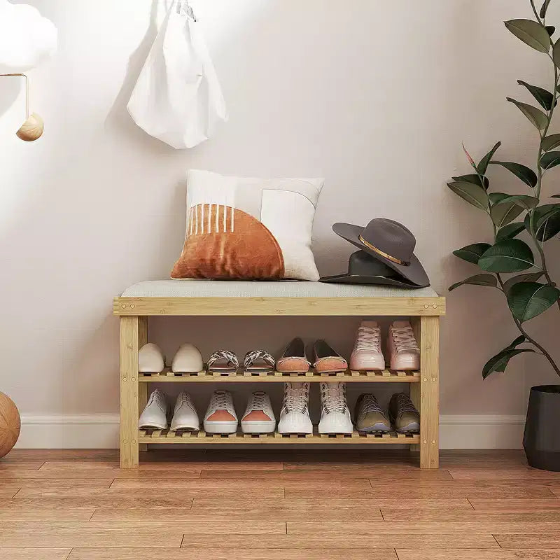 Banc de rangement à chaussures en bambou, banc d'entrée à 3 niveaux avec coussin, organisateur de chaussures pour entrée, couloir