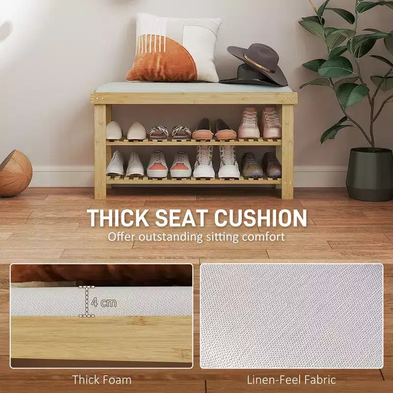 Banc de rangement à chaussures en bambou, banc d'entrée à 3 niveaux avec coussin, organisateur de chaussures pour entrée, couloir