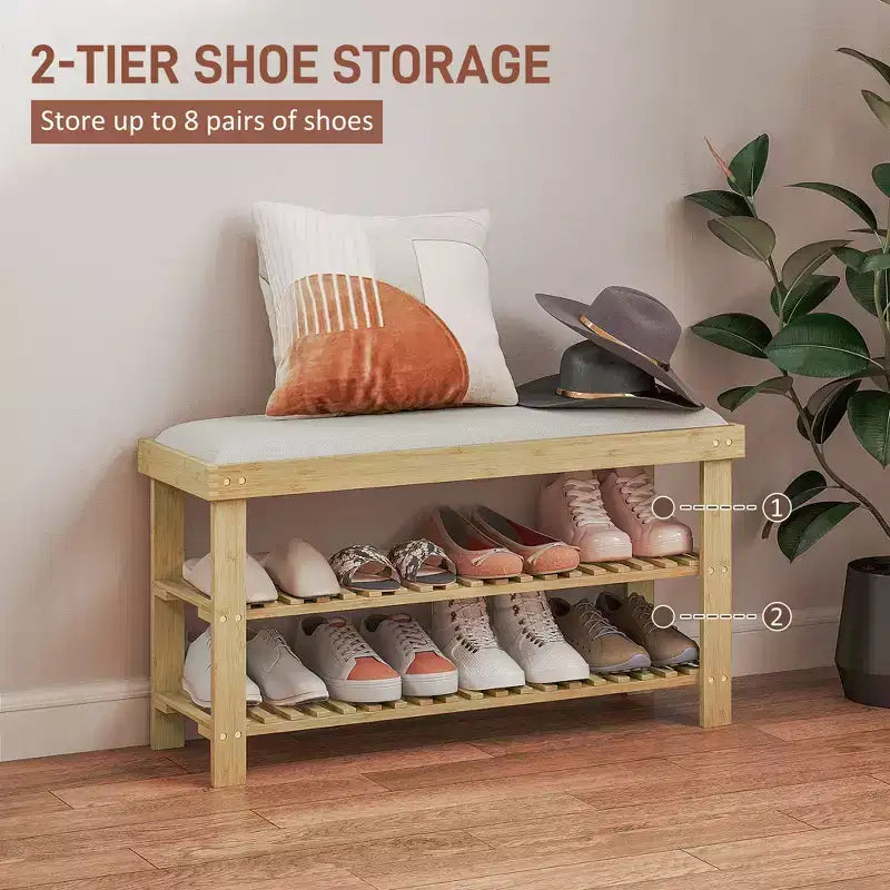 Banc de rangement à chaussures en bambou, banc d'entrée à 3 niveaux avec coussin, organisateur de chaussures pour entrée, couloir