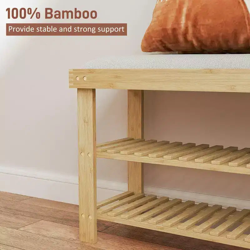 Banc de rangement à chaussures en bambou, banc d'entrée à 3 niveaux avec coussin, organisateur de chaussures pour entrée, couloir