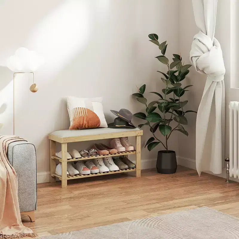 Banc de rangement à chaussures en bambou, banc d'entrée à 3 niveaux avec coussin, organisateur de chaussures pour entrée, couloir