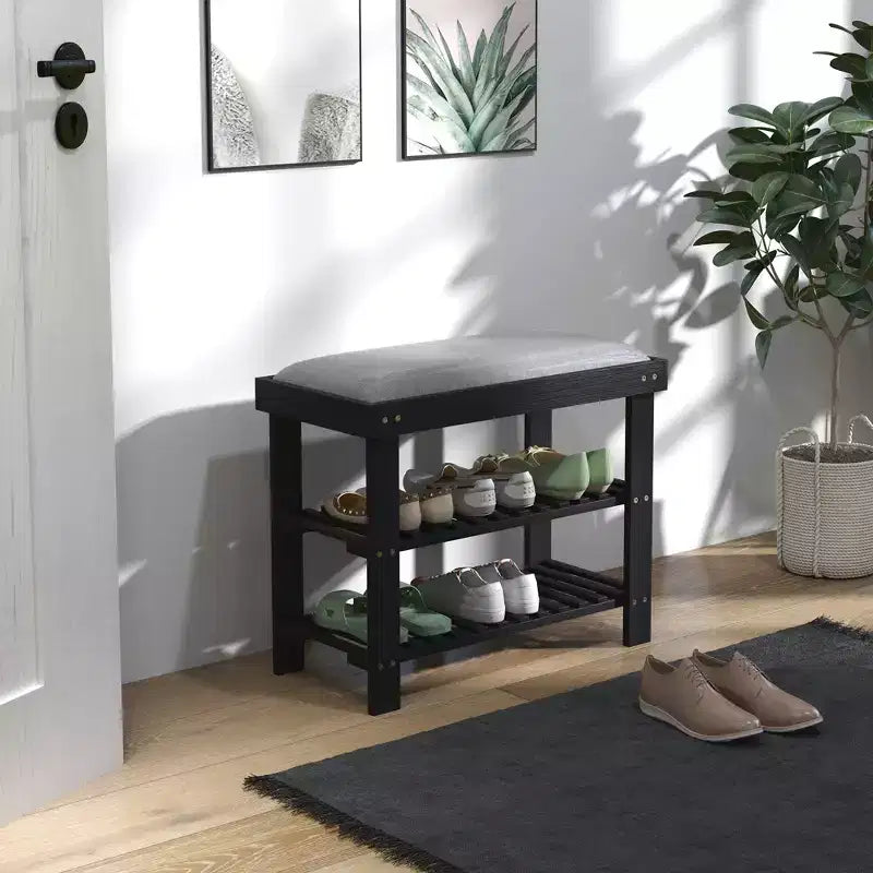 Banc de rangement à chaussures en bambou, banc d'entrée à 3 niveaux avec coussin, organisateur de chaussures pour entrée, couloir