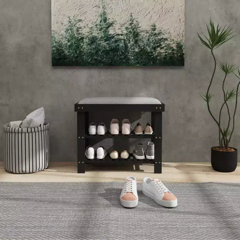 Banc de rangement à chaussures en bambou, banc d'entrée à 3 niveaux avec coussin, organisateur de chaussures pour entrée, couloir