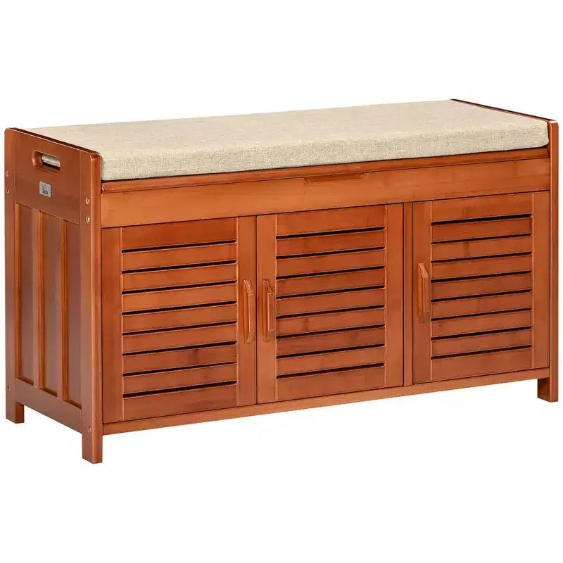 Banc à Chaussures avec Meubles de Rangement, Banc d'entrée en Bambou avec Coussin d'assise, 3 Portes et Compartiment Caché pour Couloir Cerise