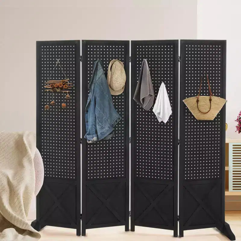 VINGLI Panneau perforé autoportant à 4 panneaux avec pieds, Séparateur de pièce en bois de 1,5 m, Cloison de séparation pour Salons d'artisanat et Commerce de détail (Noir)