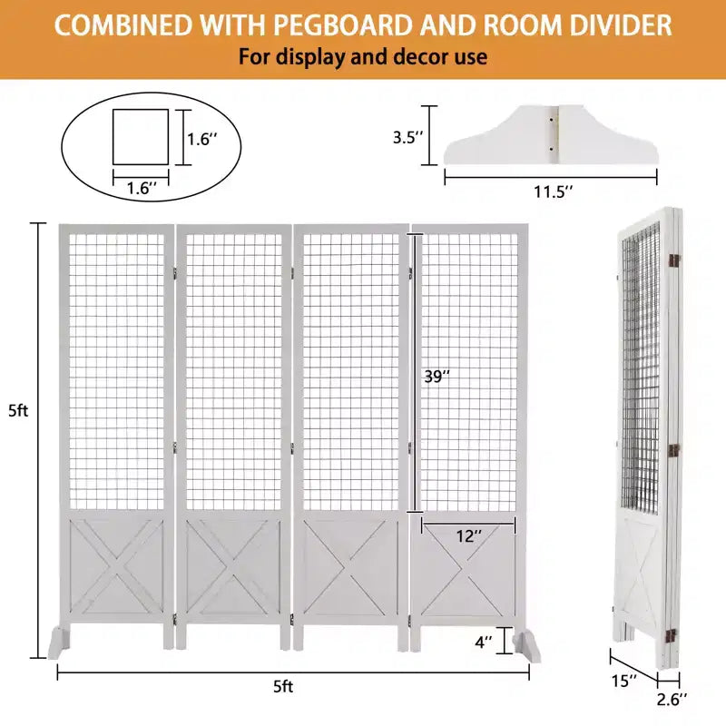 VINGLI Séparateur de pièce autoportant Gridwall de 1,5 m, organisateur pliant à 4 panneaux avec pieds, cadre en bois pour salons d'artisanat, événements, vente au détail (Blanc)