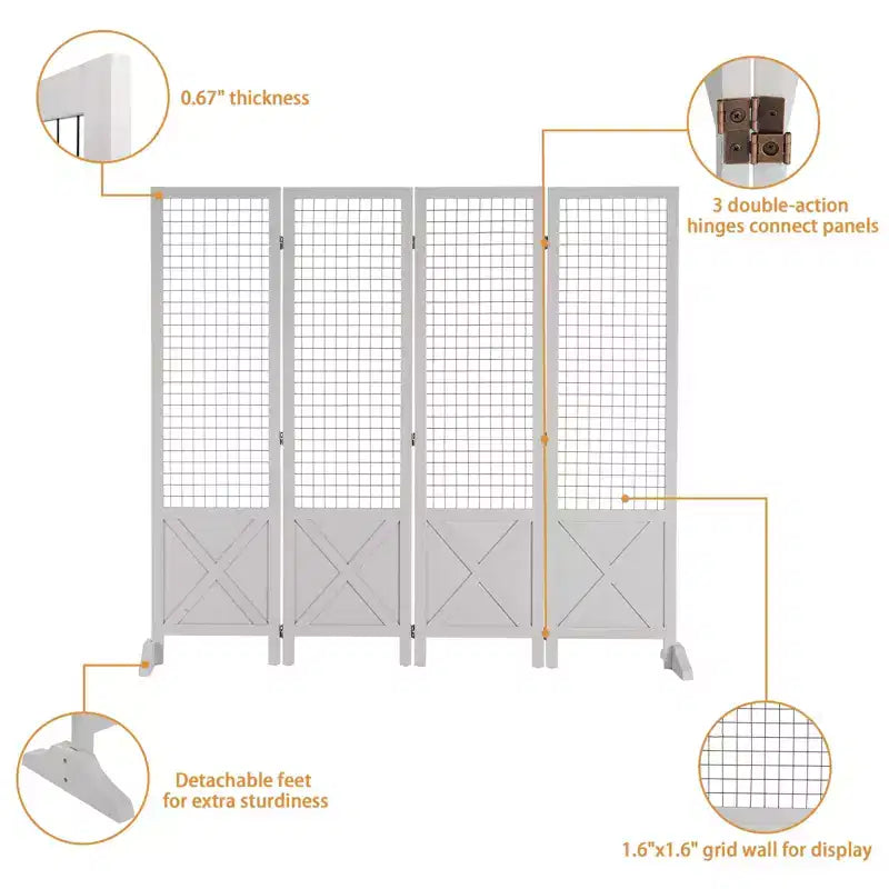 VINGLI Séparateur de pièce autoportant Gridwall de 1,5 m, organisateur pliant à 4 panneaux avec pieds, cadre en bois pour salons d'artisanat, événements, vente au détail (Blanc)