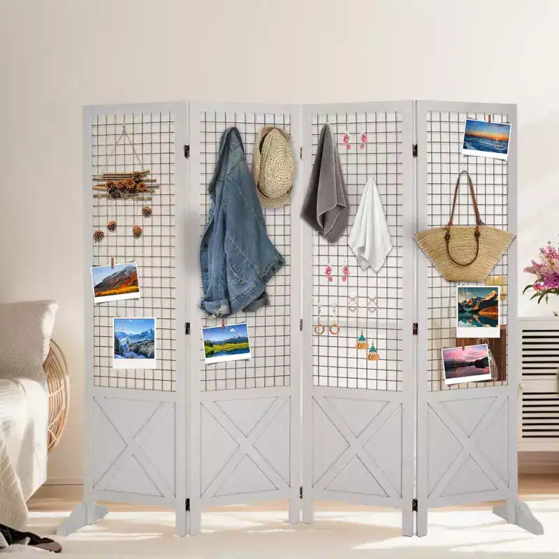 VINGLI Séparateur de pièce autoportant Gridwall de 1,5 m, organisateur pliant à 4 panneaux avec pieds, cadre en bois pour salons d'artisanat, événements, vente au détail (Blanc)