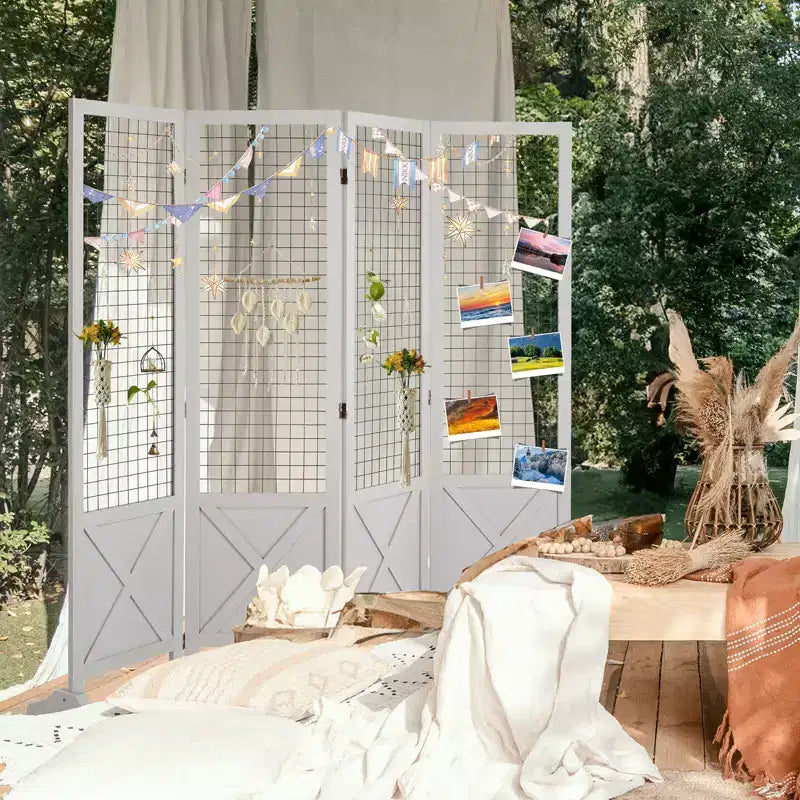 VINGLI Séparateur de pièce autoportant Gridwall de 1,5 m, organisateur pliant à 4 panneaux avec pieds, cadre en bois pour salons d'artisanat, événements, vente au détail (Blanc)
