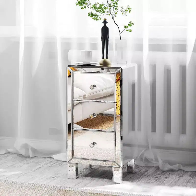 Bonnlo 3-Drawer Mirrored Nightstand End Table Bedside Table for Bedroom, Living Room, Silver, 11.7 L x 11.8 W x 23.8 H