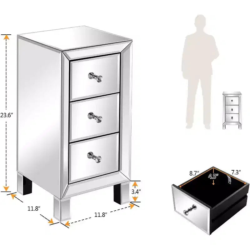 Bonnlo Table de chevet miroir à 3 tiroirs pour chambre à coucher, salon, argent, 11,7 L x 11,8 l x 23,8 H