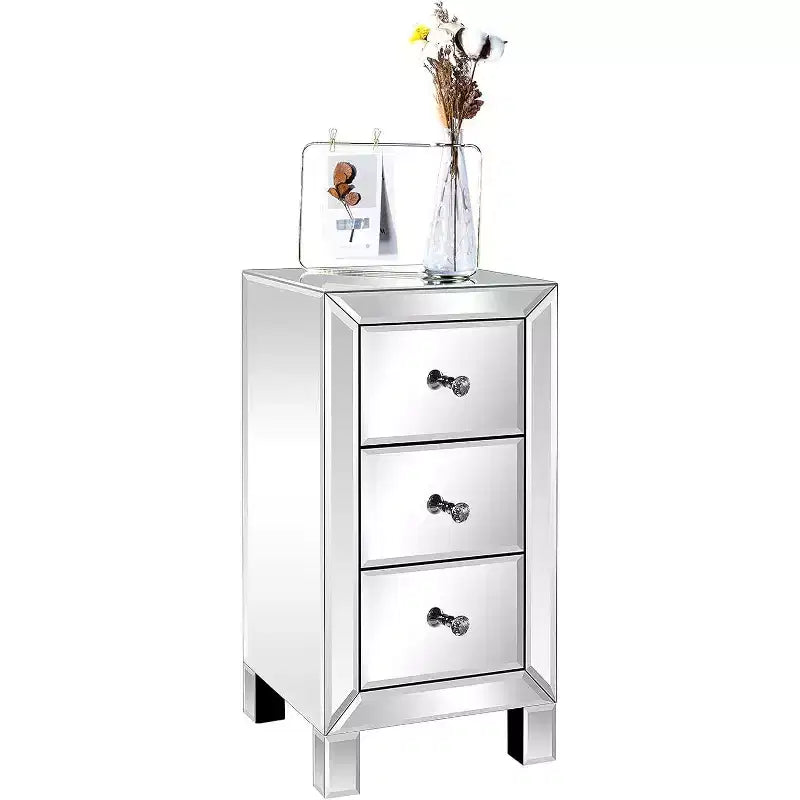 Bonnlo Table de chevet miroir à 3 tiroirs pour chambre à coucher, salon, argent, 11,7 L x 11,8 l x 23,8 H