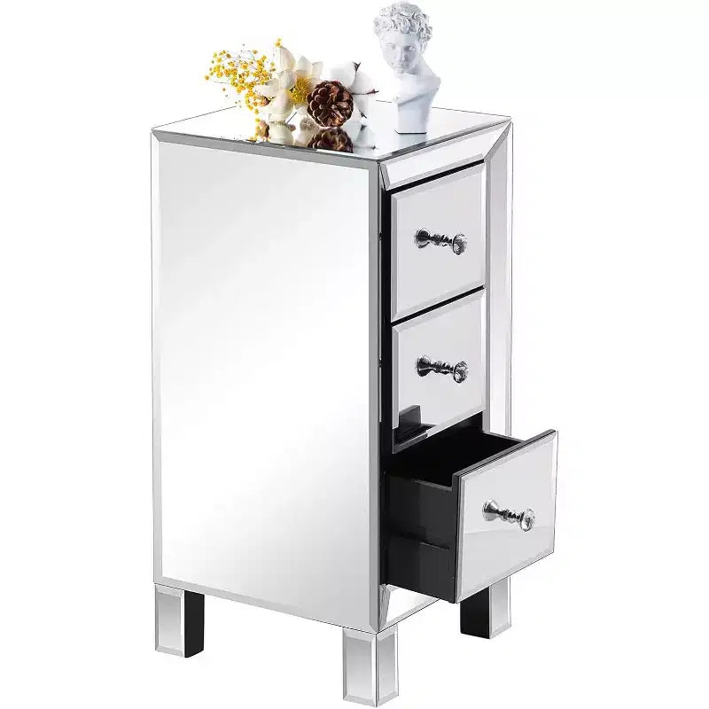 Bonnlo Table de chevet miroir à 3 tiroirs pour chambre à coucher, salon, argent, 11,7 L x 11,8 l x 23,8 H