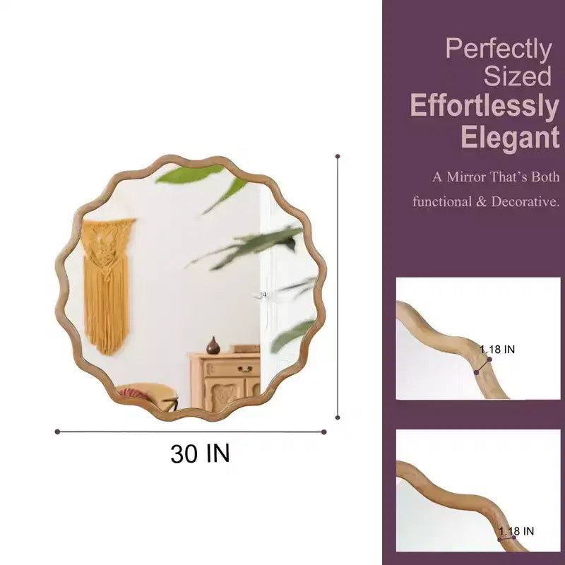 PexFix 30 Miroir décoratif rond ondulé à cadre en bois massif Miroir mural moderne de style ferme pour chambre à coucher, salle de bain, salon, entrée Bois naturel
