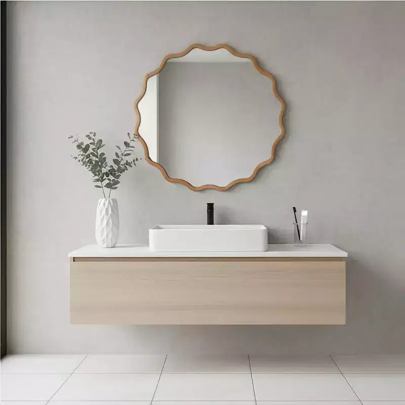 PexFix 30 Miroir décoratif rond ondulé à cadre en bois massif Miroir mural moderne de style ferme pour chambre à coucher, salle de bain, salon, entrée Bois naturel