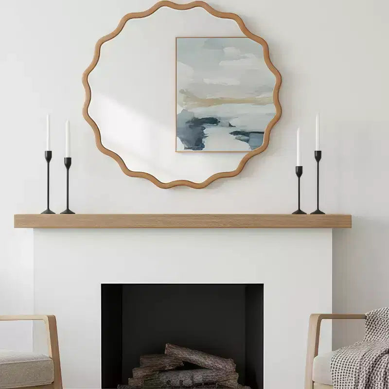 PexFix 30 Miroir décoratif rond ondulé à cadre en bois massif Miroir mural moderne de style ferme pour chambre à coucher, salle de bain, salon, entrée Bois naturel