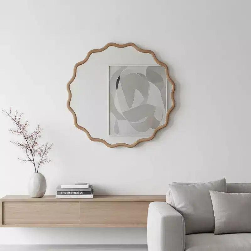PexFix 30 Miroir décoratif rond ondulé à cadre en bois massif Miroir mural moderne de style ferme pour chambre à coucher, salle de bain, salon, entrée Bois naturel