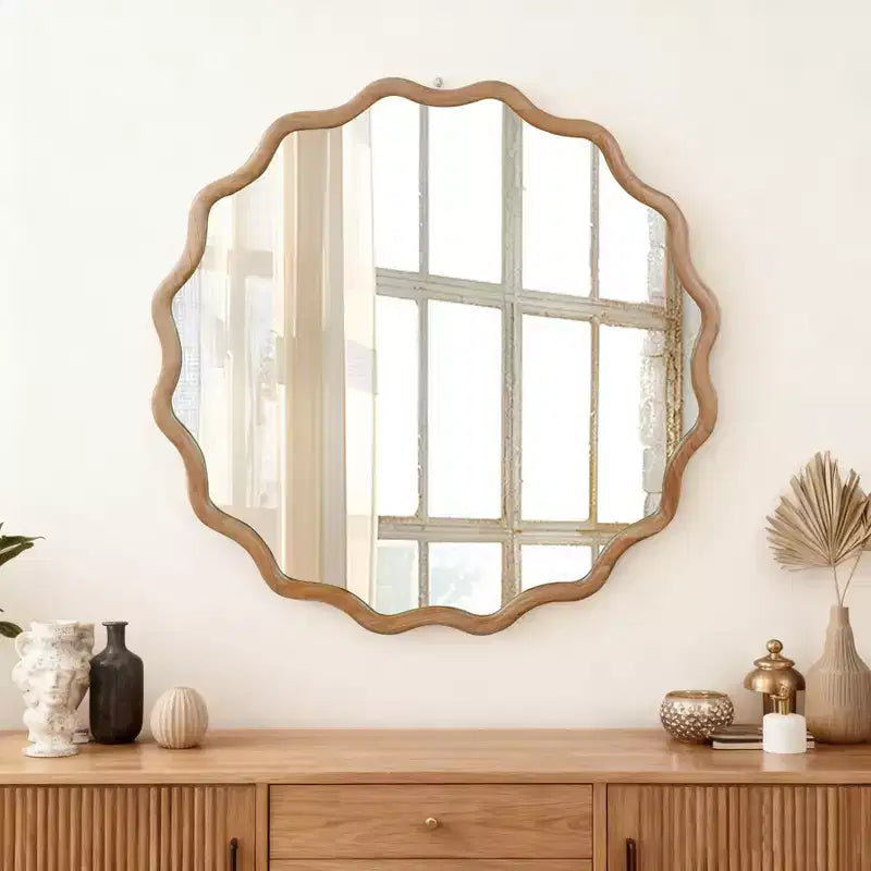 PexFix 30 Miroir décoratif rond ondulé à cadre en bois massif Miroir mural moderne de style ferme pour chambre à coucher, salle de bain, salon, entrée Bois naturel