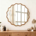 PexFix 30 Miroir décoratif rond ondulé à cadre en bois massif Miroir mural moderne de style ferme pour chambre à coucher, salle de bain, salon, entrée Bois naturel