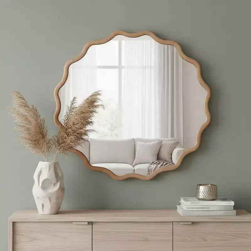 PexFix 30 Miroir décoratif rond ondulé à cadre en bois massif Miroir mural moderne de style ferme pour chambre à coucher, salle de bain, salon, entrée Bois naturel