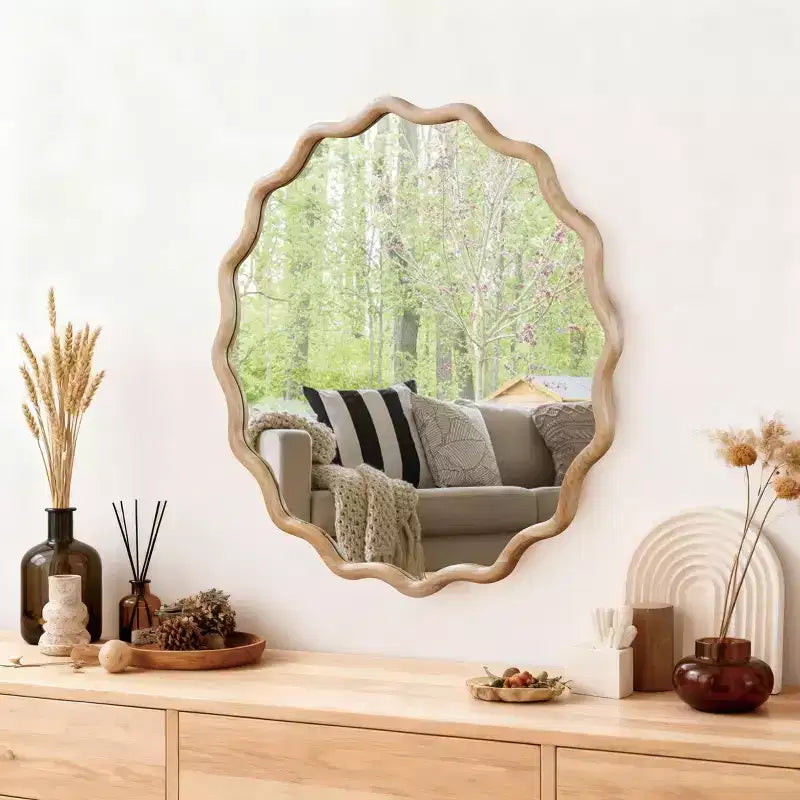 PexFix 30 Miroir décoratif rond ondulé à cadre en bois massif Miroir mural moderne de style ferme pour chambre à coucher, salle de bain, salon, entrée Bois naturel