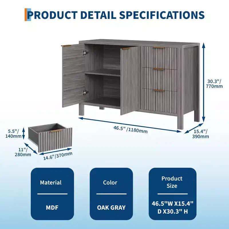 Grands buffets de rangement cannelés de 120 cm, buffet de bar à café, armoire en bois avec 3 tiroirs pour cuisine, salon, entrée