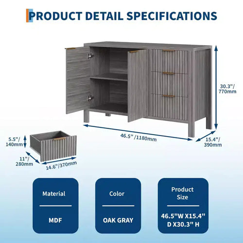 Grands buffets de rangement cannelés de 120 cm, buffet de bar à café, armoire en bois avec 3 tiroirs pour cuisine, salon, entrée