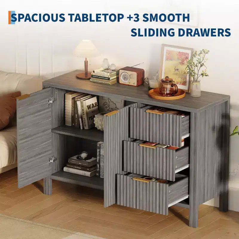 Grands buffets de rangement cannelés de 120 cm, buffet de bar à café, armoire en bois avec 3 tiroirs pour cuisine, salon, entrée