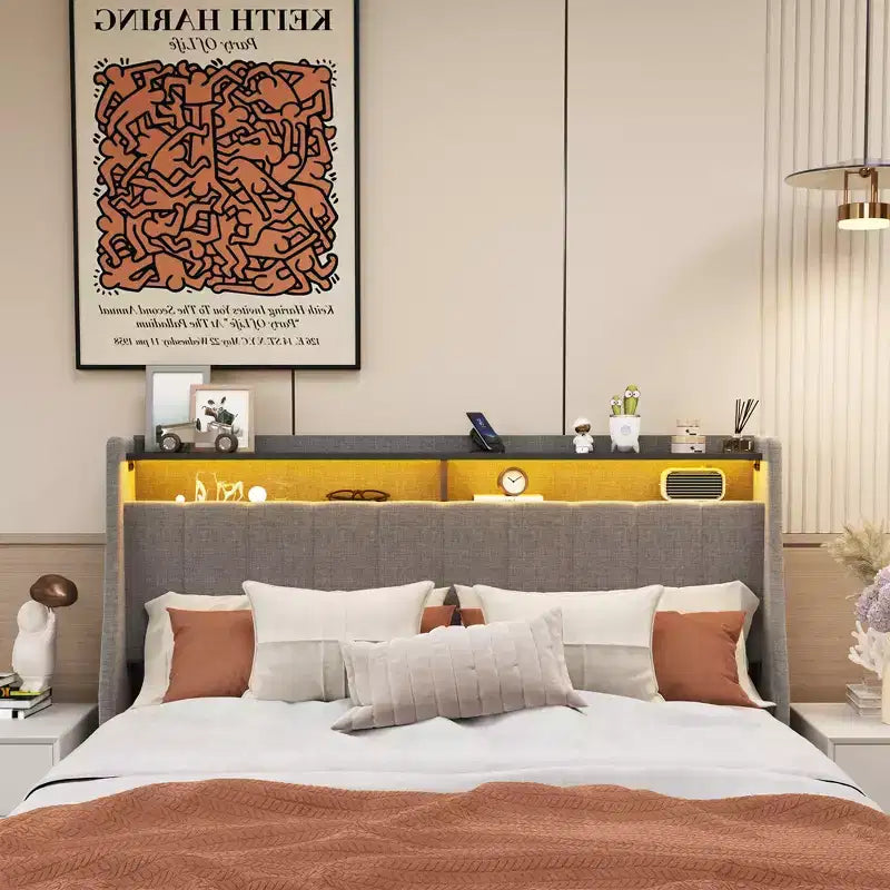 Cadre de lit double LED métallique, tête de lit en forme d'ailes + 4 tiroirs, une nouvelle expérience de rangement multifonctionnelle.