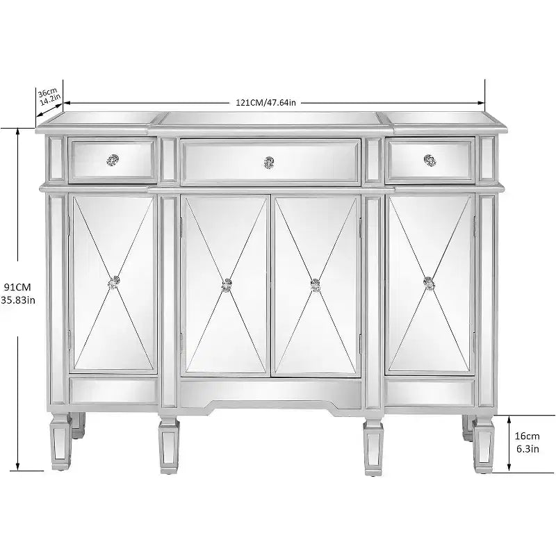 VINGLI Table console miroir, buffet/crédence/meuble TV moderne avec 3 tiroirs et 4 portes (argenté, 48 L x 14 l x 36 H)