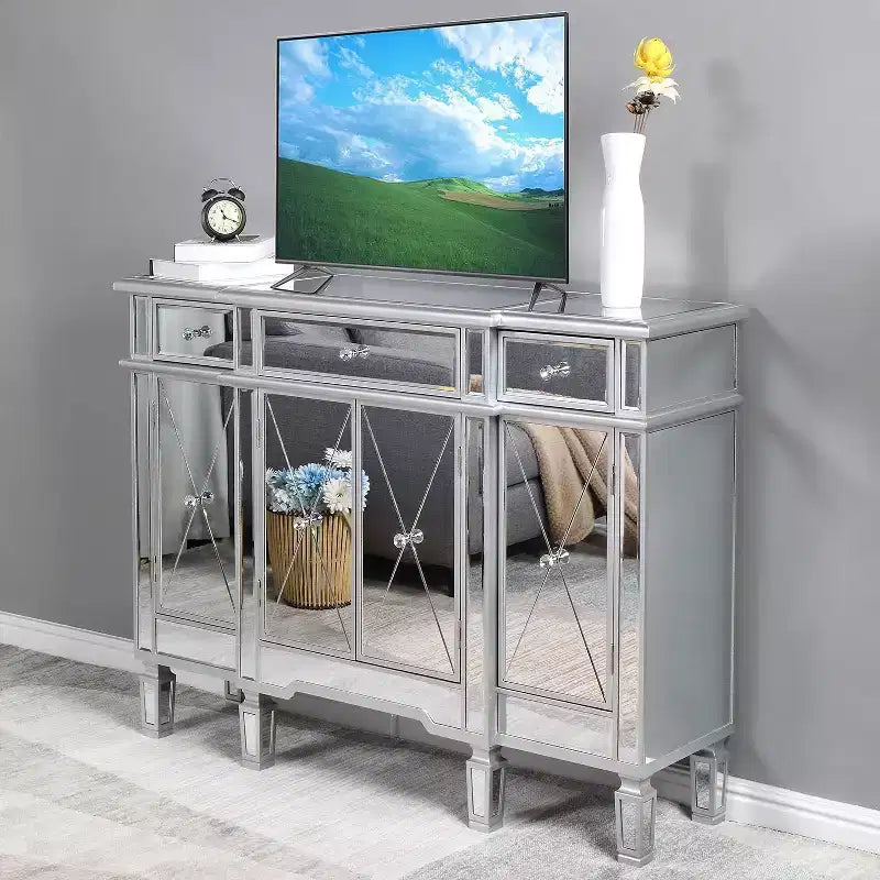 VINGLI Table console miroir, buffet/crédence/meuble TV moderne avec 3 tiroirs et 4 portes (argenté, 48 L x 14 l x 36 H)