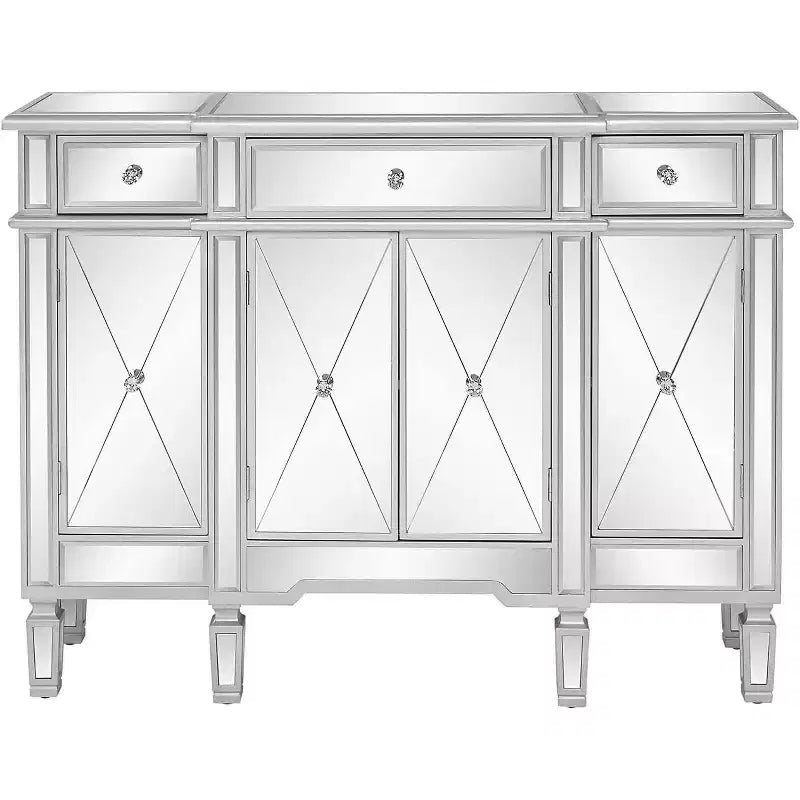 VINGLI Table console miroir, buffet/crédence/meuble TV moderne avec 3 tiroirs et 4 portes (argenté, 48 L x 14 l x 36 H)