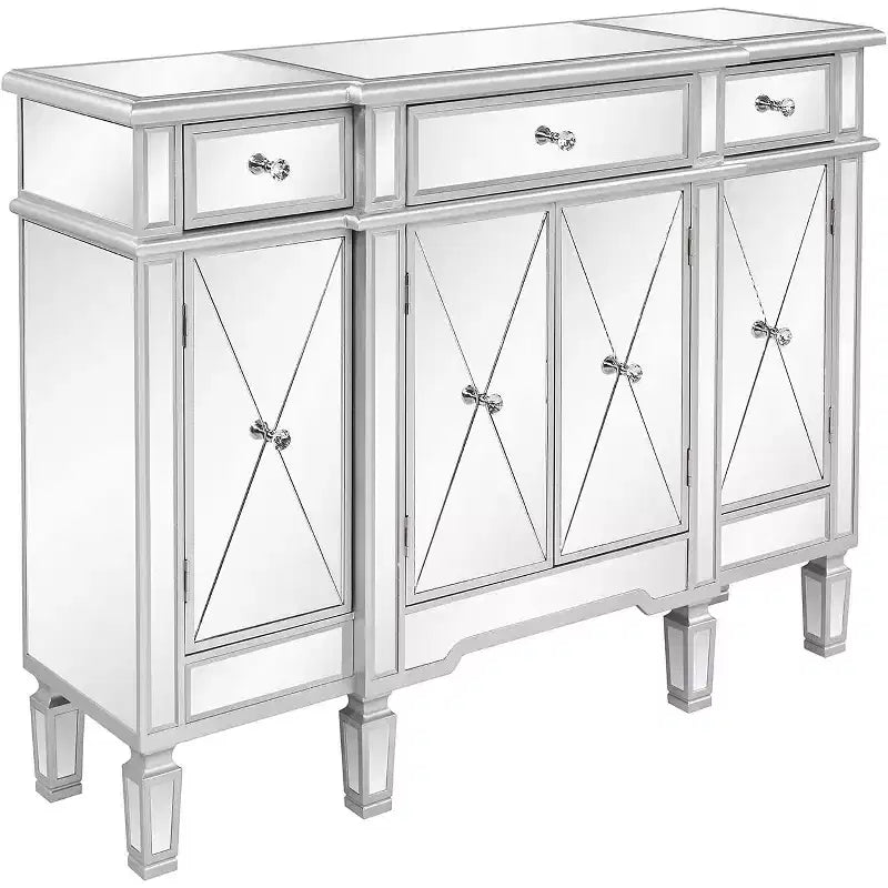 VINGLI Table console miroir, buffet/crédence/meuble TV moderne avec 3 tiroirs et 4 portes (argenté, 48 L x 14 l x 36 H)