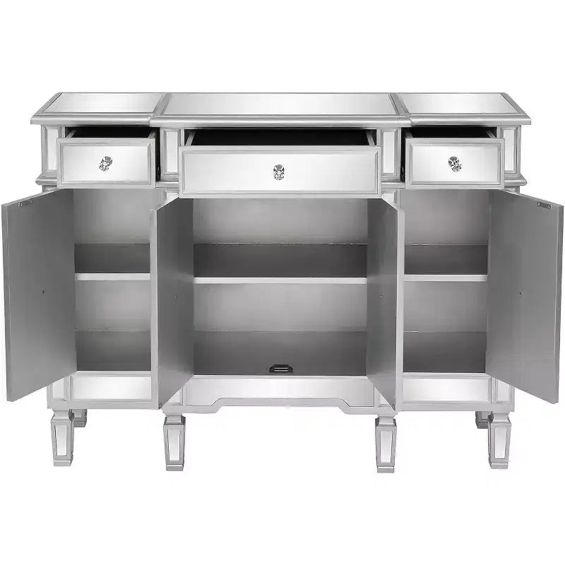 VINGLI Table console miroir, buffet/crédence/meuble TV moderne avec 3 tiroirs et 4 portes (argenté, 48 L x 14 l x 36 H)