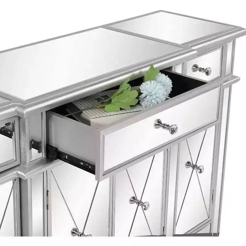VINGLI Table console miroir, buffet/crédence/meuble TV moderne avec 3 tiroirs et 4 portes (argenté, 48 L x 14 l x 36 H)