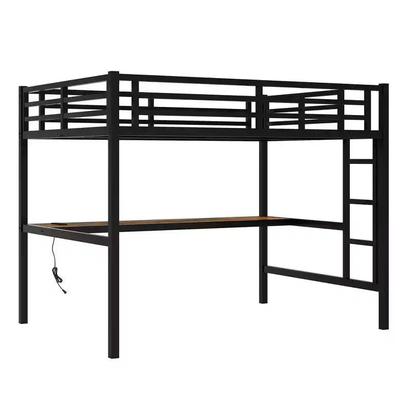 Lit mezzanine Bellemave en métal pleine grandeur avec bureau, prise de courant, port USB et lumières LED, lit d'étude peu encombrant avec barrières de sécurité, noir