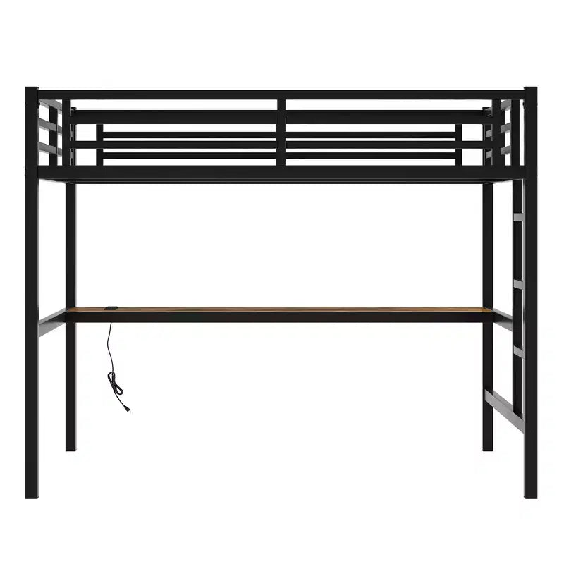 Lit mezzanine Bellemave en métal pleine grandeur avec bureau, prise de courant, port USB et lumières LED, lit d'étude peu encombrant avec barrières de sécurité, noir