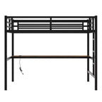 Lit mezzanine Bellemave en métal pleine grandeur avec bureau, prise de courant, port USB et lumières LED, lit d'étude peu encombrant avec barrières de sécurité, noir