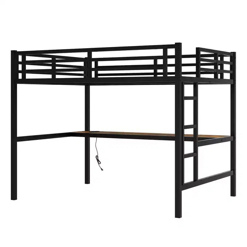 Lit mezzanine Bellemave en métal pleine grandeur avec bureau, prise de courant, port USB et lumières LED, lit d'étude peu encombrant avec barrières de sécurité, noir