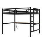 Lit mezzanine Bellemave en métal pleine grandeur avec bureau, prise de courant, port USB et lumières LED, lit d'étude peu encombrant avec barrières de sécurité, noir