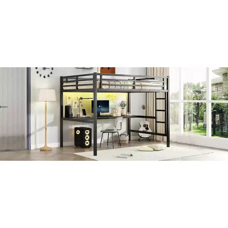 Lit mezzanine Bellemave en métal pleine grandeur avec bureau, prise de courant, port USB et lumières LED, lit d'étude peu encombrant avec barrières de sécurité, noir