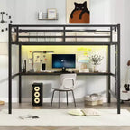 Lit mezzanine Bellemave en métal pleine grandeur avec bureau, prise de courant, port USB et lumières LED, lit d'étude peu encombrant avec barrières de sécurité, noir