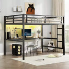 Lit mezzanine Bellemave en métal pleine grandeur avec bureau, prise de courant, port USB et lumières LED, lit d'étude peu encombrant avec barrières de sécurité, noir