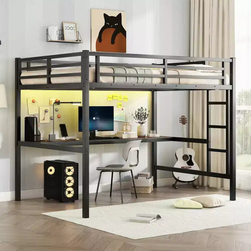 Lit mezzanine Bellemave en métal pleine grandeur avec bureau, prise de courant, port USB et lumières LED, lit d'étude peu encombrant avec barrières de sécurité, noir